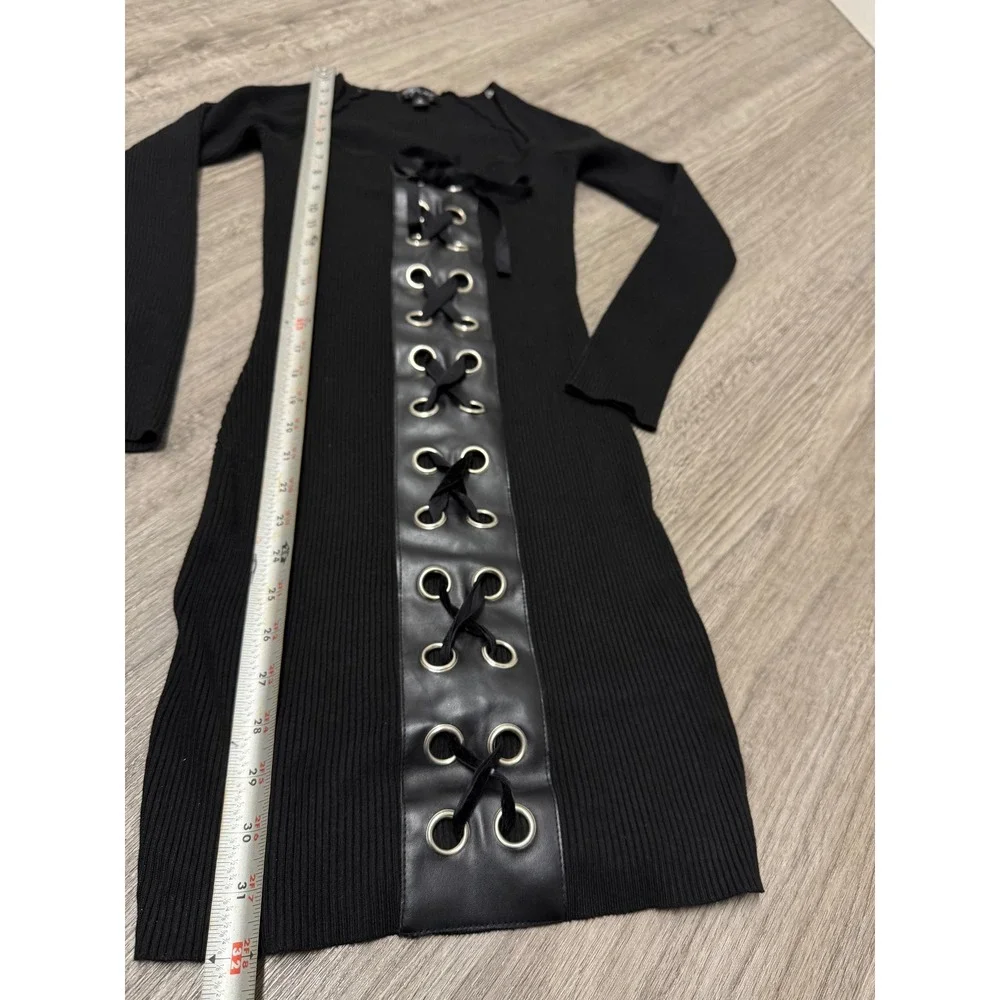 Say What Black Ribbed Knit Lace Up Faux Leather Bodycon Mini Dress Womens Medium